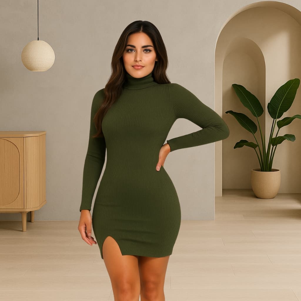 Vestido Feminino Curto Justo Manga longa Gola Alta Fenda Frontal Modal Elegante