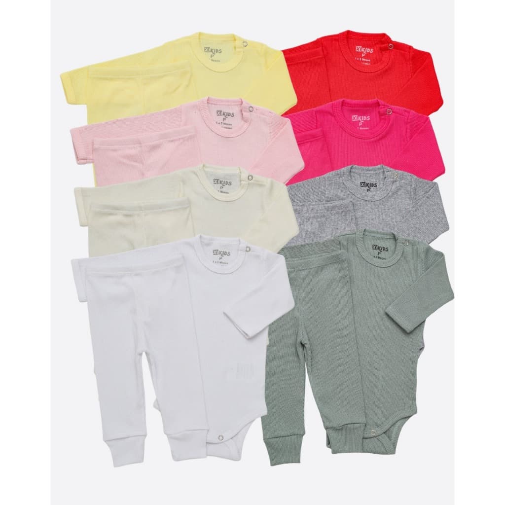 Kit 8 conjuntos Pagão Bebê Canelado Algodão para Bebê, Cores Variadas para Meninos e Meninas