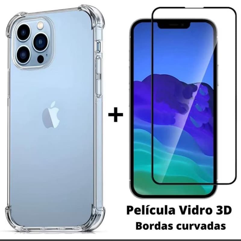 Kit 2em1 Capa + Pelicula Para iPhone - Case Silicone Aveludada + Pelicula de Vidro 3D Full Cover