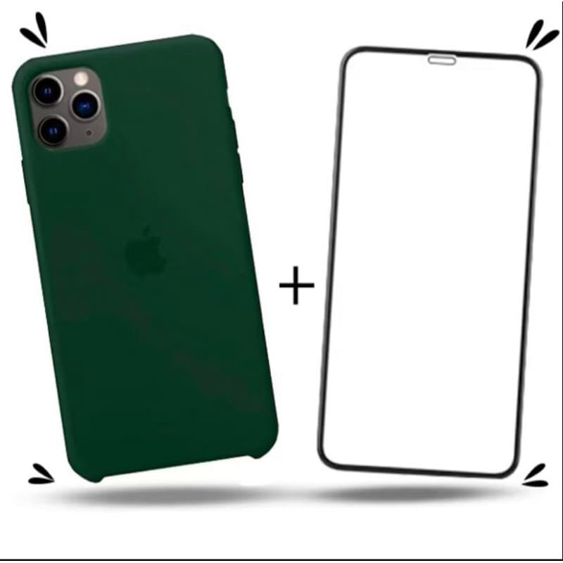 Kit 2em1 Capa + Pelicula Para iPhone - Case Silicone Aveludada + Pelicula de Vidro 3D Full Cover
