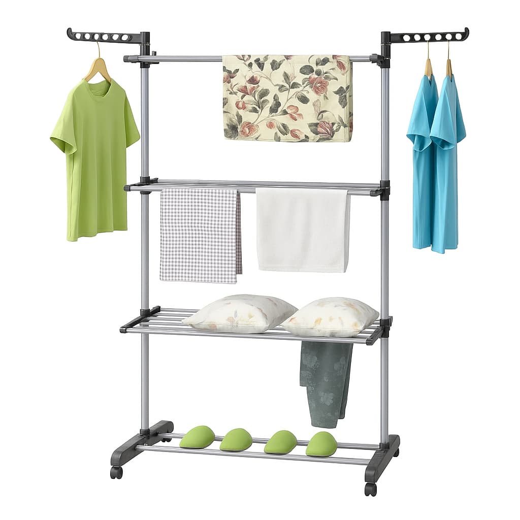 Varal de Roupa Chão 3 Andares Dobrável 15 Cabides e Rodízios 360° 2 com Travas Capacidade 48kg Cinza