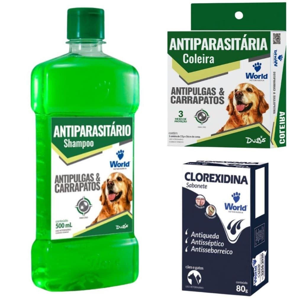 Kit antiparasitários Contra Pulgas e Carrapatos - Shampoo, Coleira e Sabonete Clorexidina