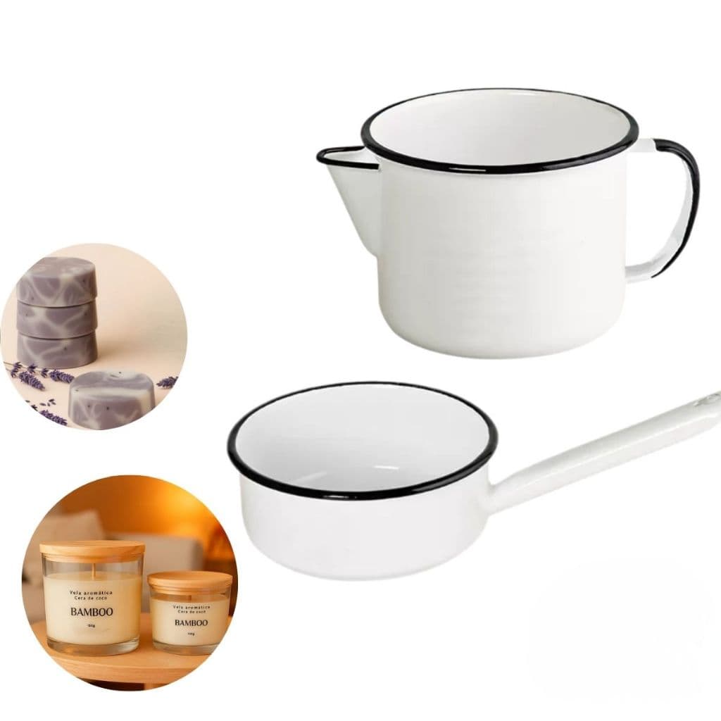Kit Panela Papeiro e Caneca com Bico Esmaltada Artesanato cor Branco
