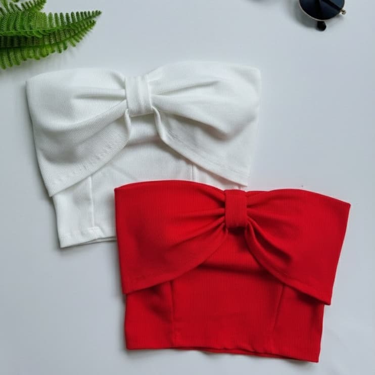 Kit 2 Cropped Top Laço Faixa Ribana Canelada Tamanho Único Com Bojo