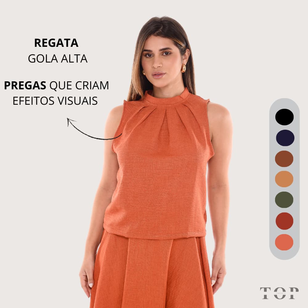 Blusa Feminina Regata Social Gola Alta com Pregas