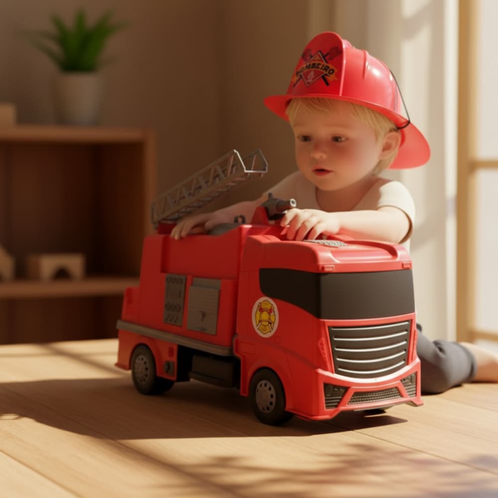Kit Brinquedo Caminhao Bombeiro Capacete Carro Grande infantil Menino 2 a 5 anos Articulado