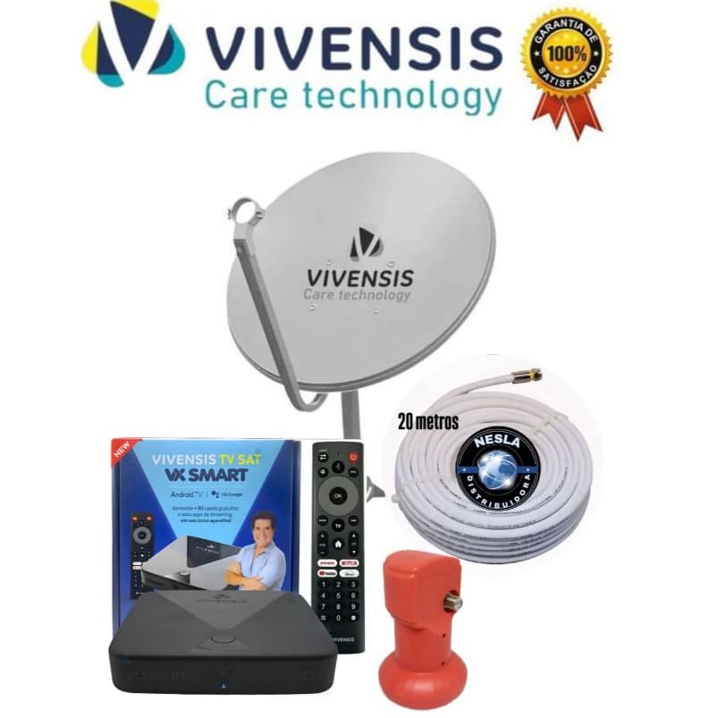 KIT ANTENA PARABÓLICA DIGITAL VIVENSIS 60CM - CABO 20 METROS , LNBF E RECEPTOR VX SMART