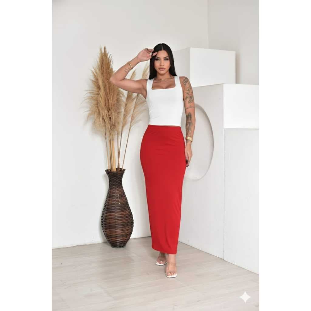Conjunto Moda Gringa Cropped E Saia Longa Midi Verão Elegância