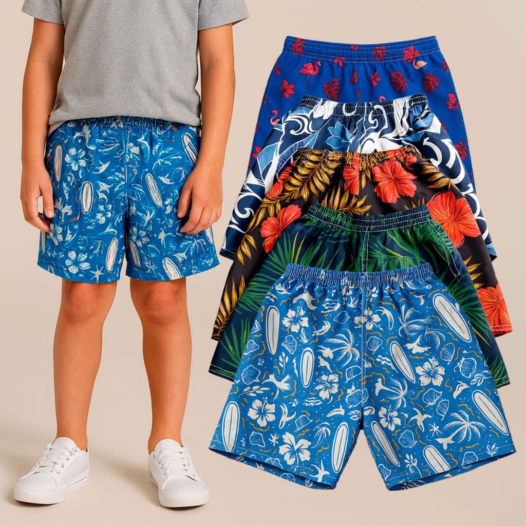 Kit 5 e 3 Bermudas Tactel Estampadas Infantil Meninos Short Praia Moda 1 a 5 Unidades
