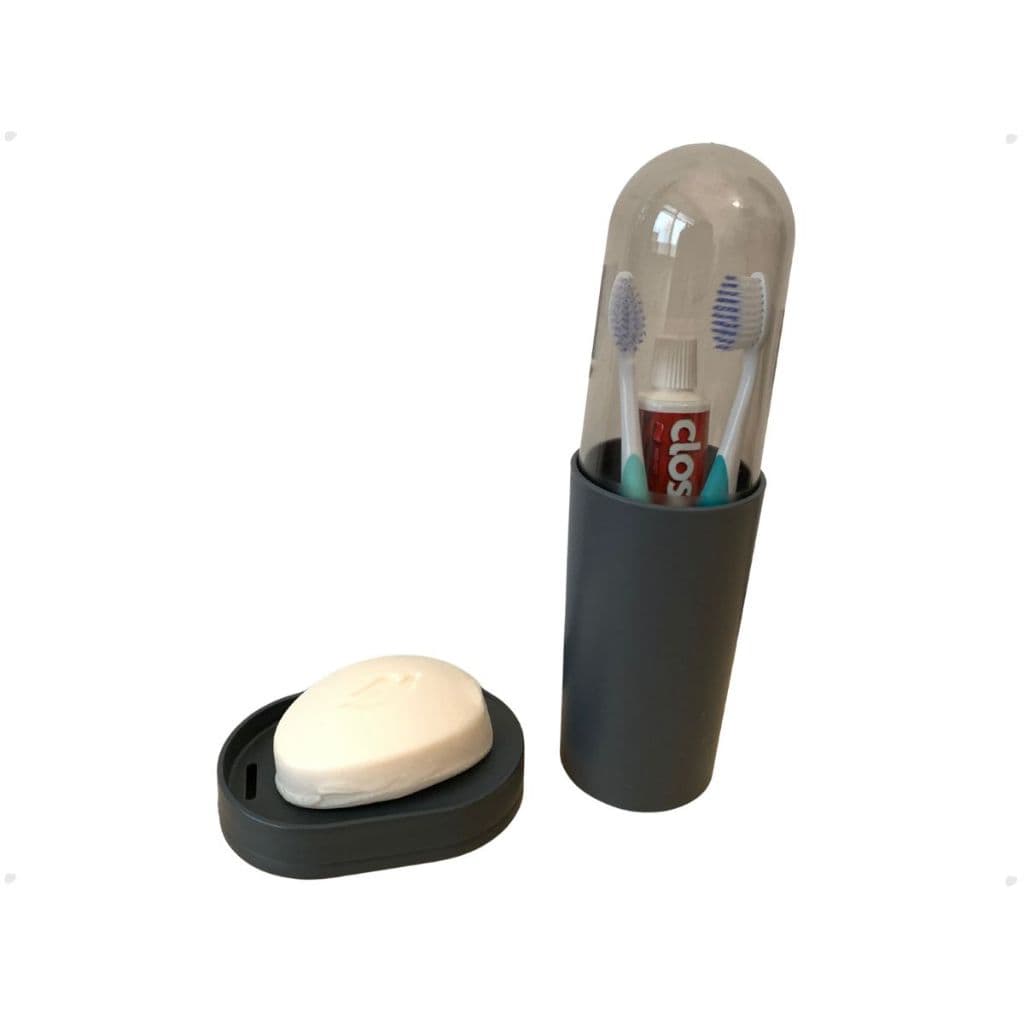 Kit Acessórios Serene Banheiro - Porta Escova E Saboneteira de Plástico Cinza Chumbo