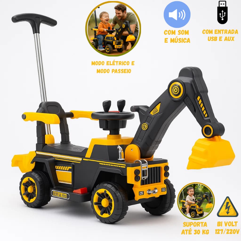 Mini Quadriciclo Infantil Eletrico Bateria 6v Carregador Bivolt Com Empurrador Trator Retroescavadeira