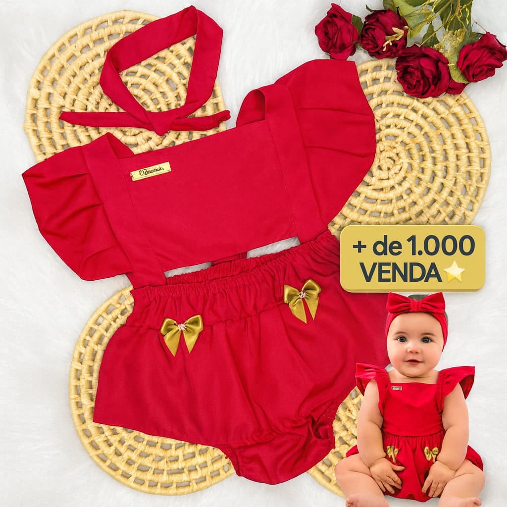 Conjunto Jardineira Romper Bebê Menina Linda com Laço - Embalada p/ Presente e Envio Imediato
