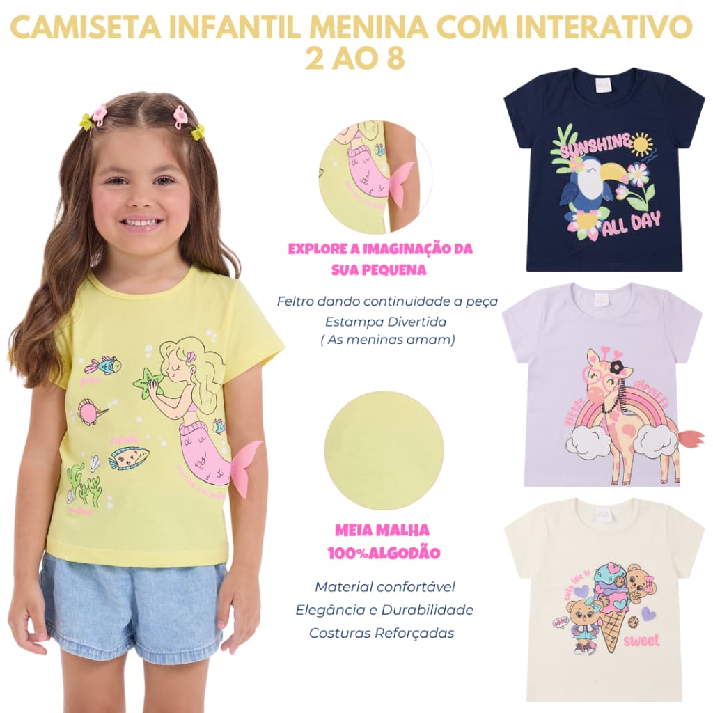 Kit 2 Camisetas Infantil Menina Meia Malha 100% Algodão Manga Curta Interativa 2 ao 8 anos
