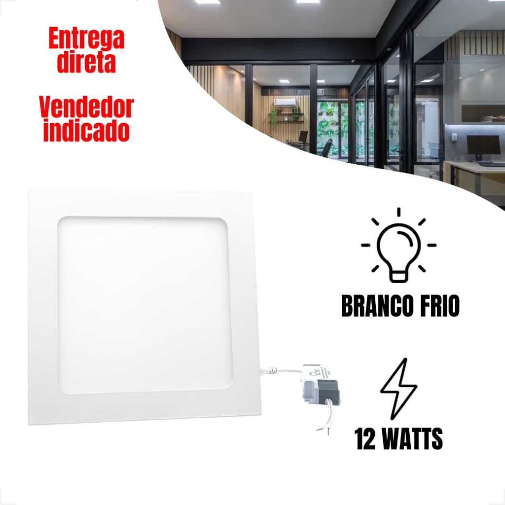 Kit 10 Painel Plafon Led 12W Embutir Bivolt Quadrado Branco Frio 6500K Luminária Led Gesso Driver