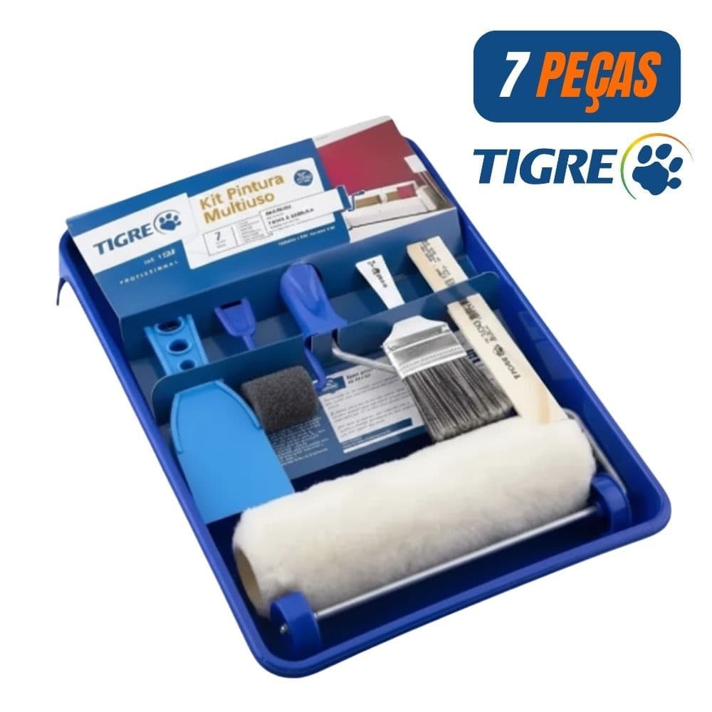 Kit Pintura 7 Peças Rolo Sintético 23cm Tigre Espuma Antirrespingo Espátula 6cm Pincel 2’’