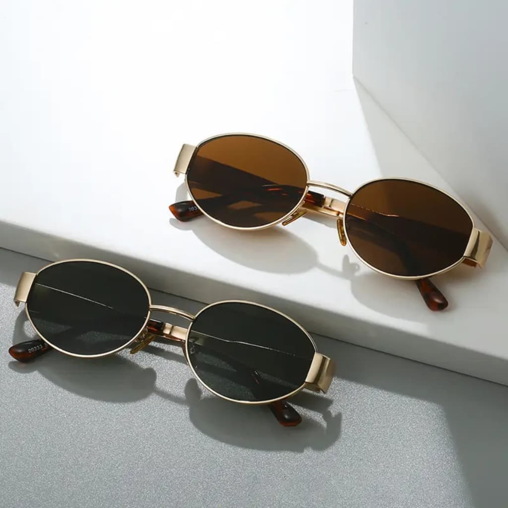 Óculos De Sol Feminino Oval Poligonal Preto Dourado