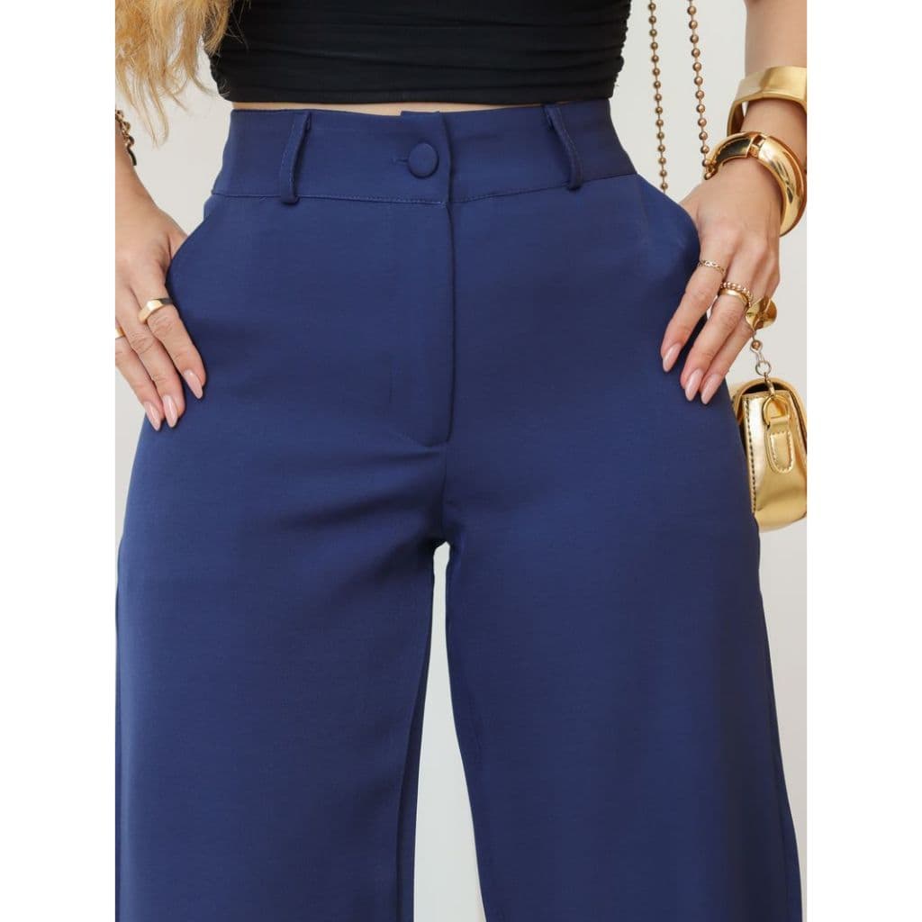 Calça Feminina Pantalona Alfaiataria Elegante Tendência  Bolso Cintura Alta Disfarça Barriga