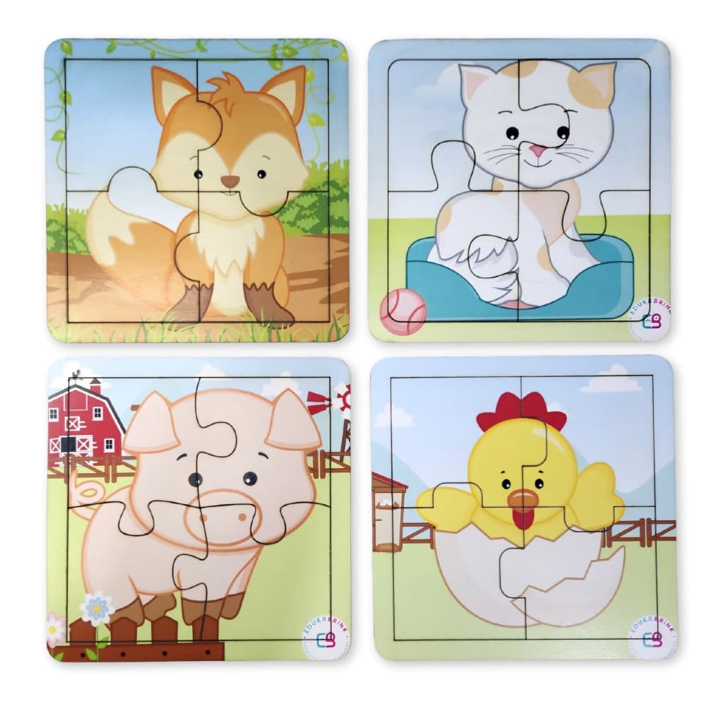 Kit 4 Quebra-Cabeças Infantil de Madeira Educativo Animais Encaixe Montessori