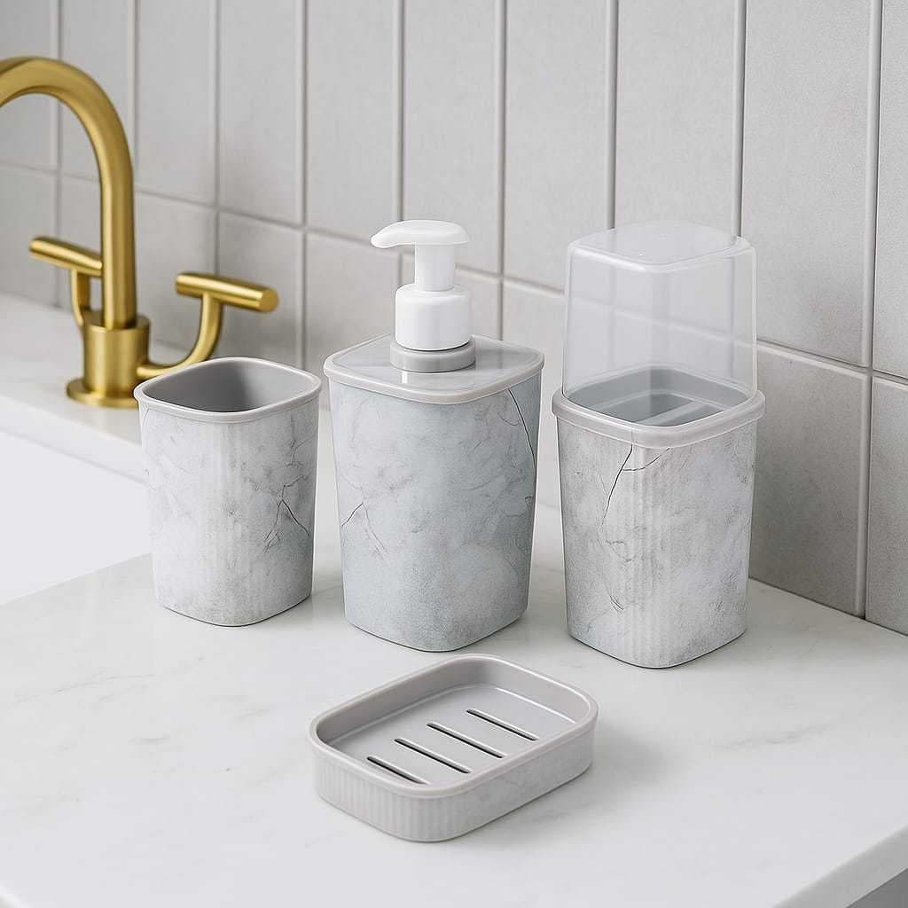 Kit 4 Pecas Lavabo Com Saboneteira Porta Escovas Porta Sabonete Liquido Porta Cotonetes Plastico Moderno Decoração