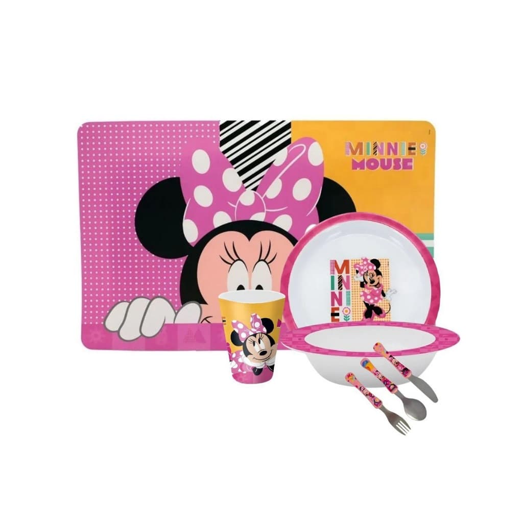 Kit Refeição Infantil Minnie 7 Peças Melamina Prato, Tigela, Copo, Lugar Americano e Talheres - Tuut