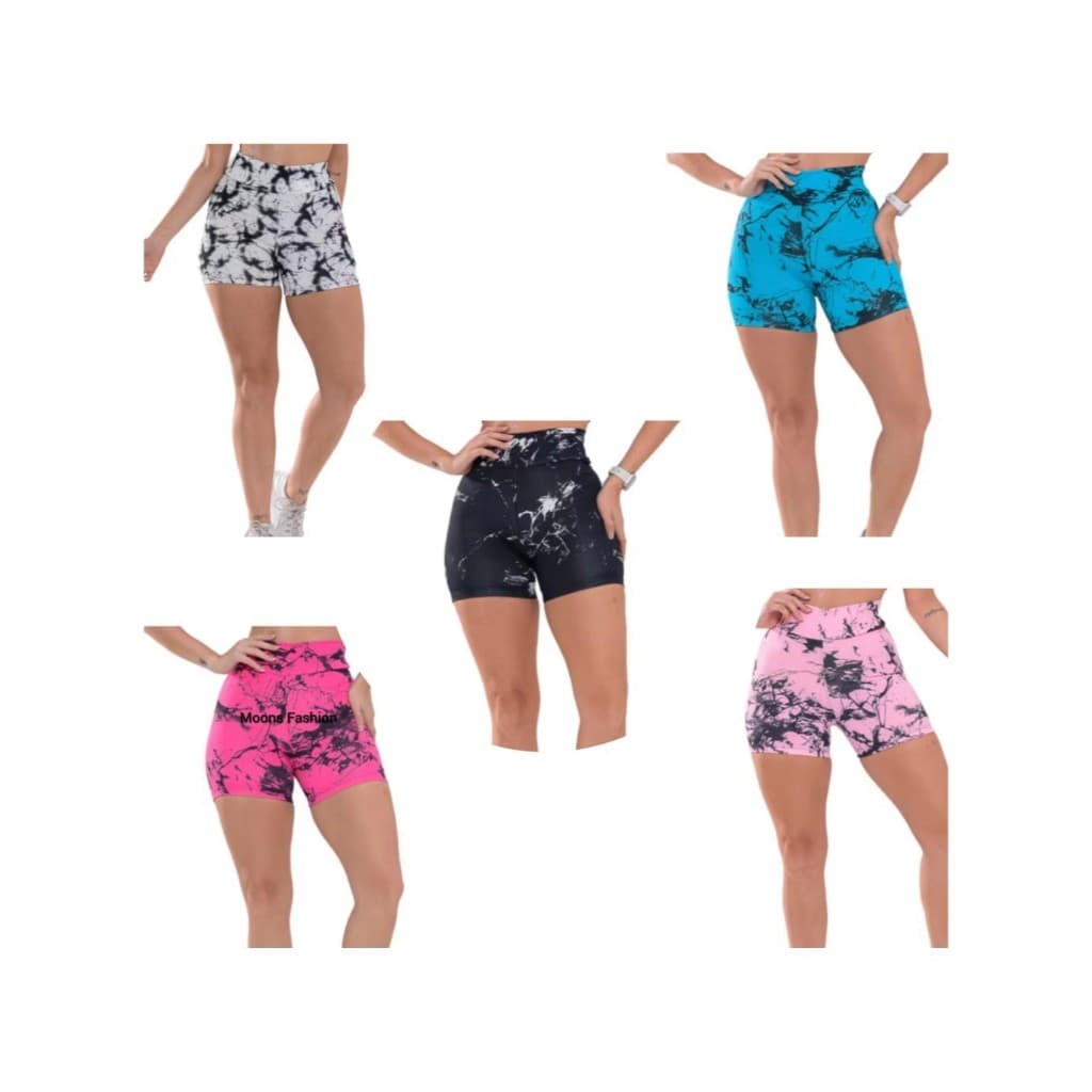 Kit 5 Shorts Fitness Marmorizado Roupa Academia Cintura Alta Feminino Tie Dye Zero Transparencia