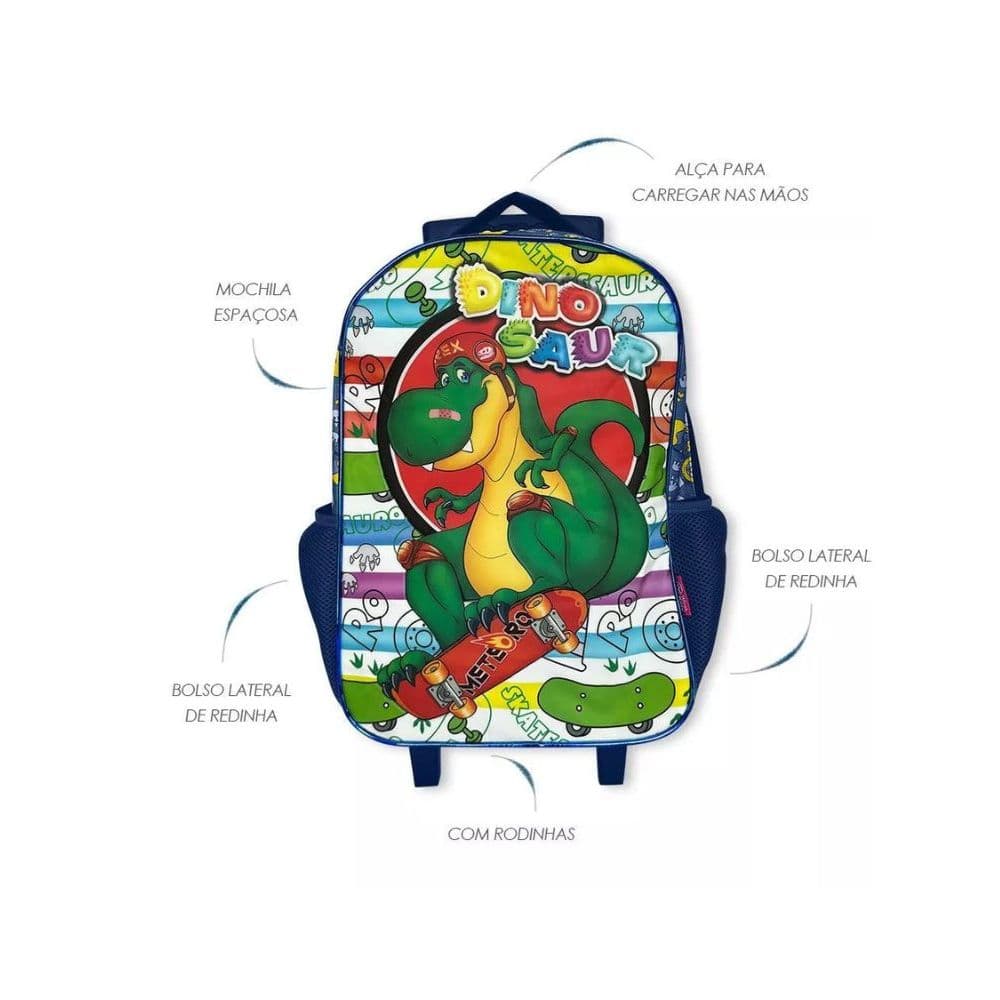 Kit Mochila Infantil Escolar com 3 peças Dinossauro Azul