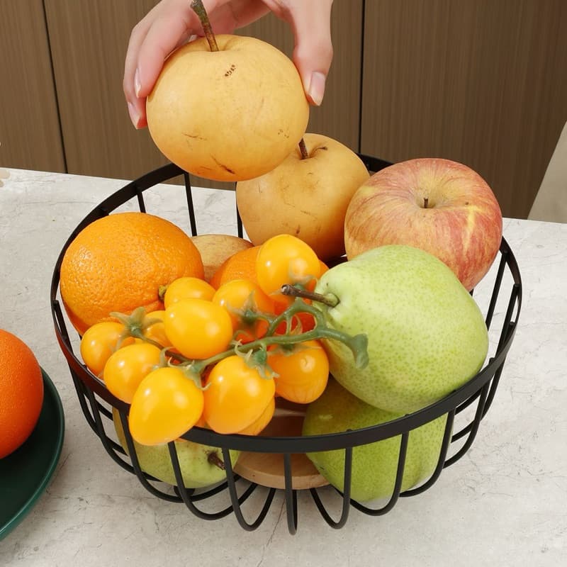 Fruteira de Mesa Rustica de Ferro e Bambu para Café da Manhã de Metal Preto Multiuso