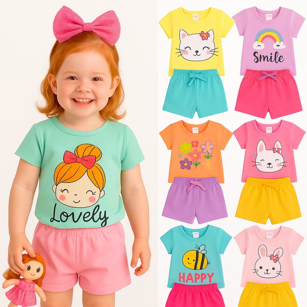Kit Sortido 2 ou 6 Peças de Roupas Infantil Bebê Menina Verão Conjuntos de Bebê Infantil Feminino Verão Manga Curta