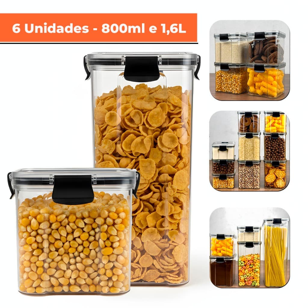 Kit 6 Potes Herméticos 2 Potes 1,6L + 4 POTES 800ml Com Trava Reforçada 100%