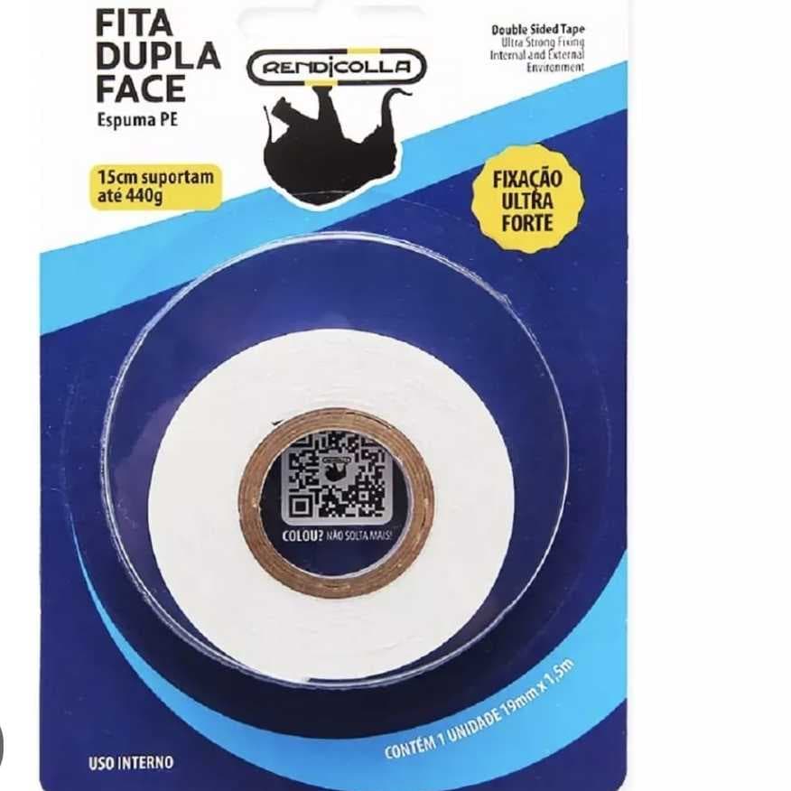 Fita Dupla Face *ESPUMA PE* (19mm x 1,5 mt).Cada 15 cm suportam ate 440 gramas.*Fixação ultra forte*