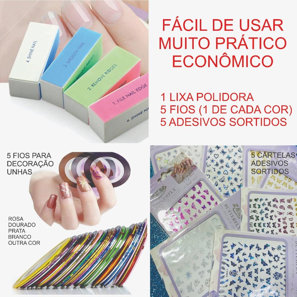 Kit Unha Lixa Polidora + 5 Fios +  5 Adesivos - Kit Adesivos Para Unhas + Lixa Polidora de Unha Bloco 4 Faces