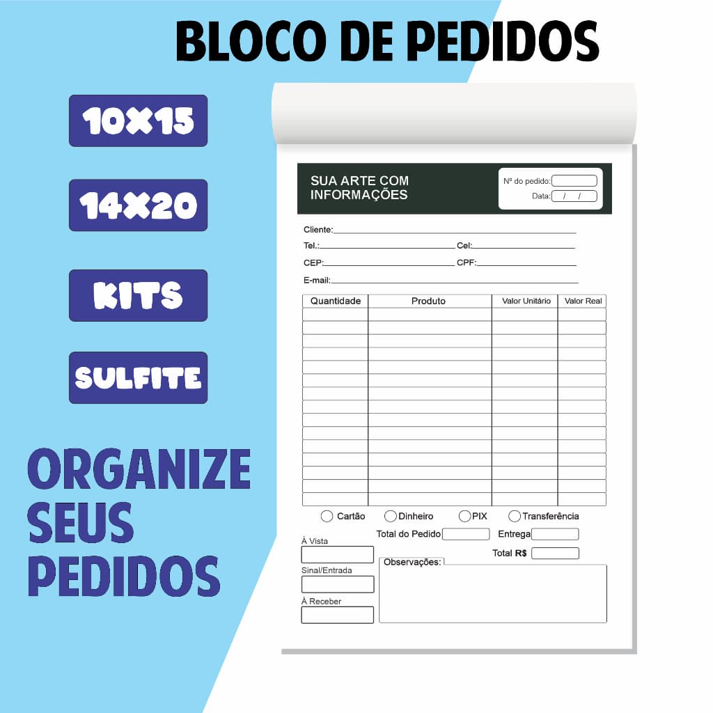 Bloco Talão de Pedidos Personalizado 100 Folhas Papel 75g 10x15cm ou 14x20cm