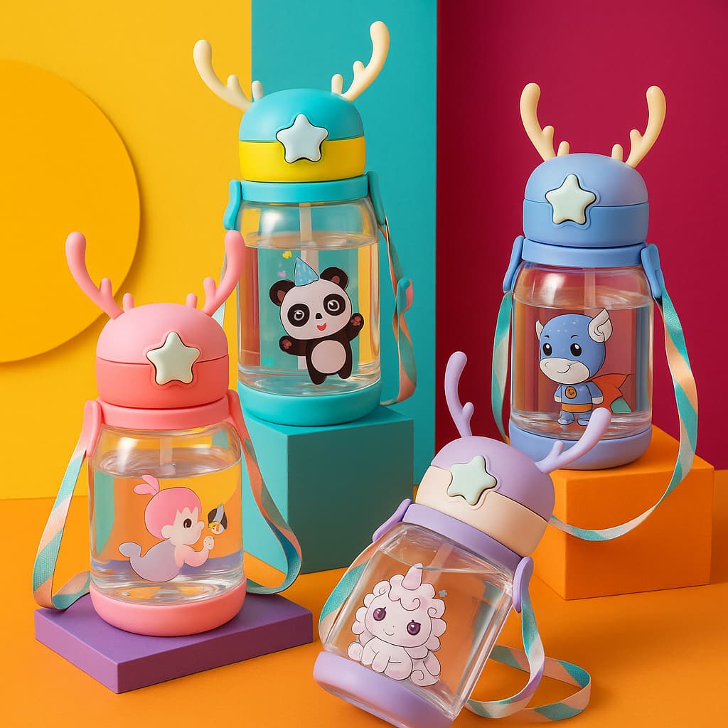 Garrafa Infantil 600ml com Canudo | Tampa Segura, Bico Macio e Design Divertido