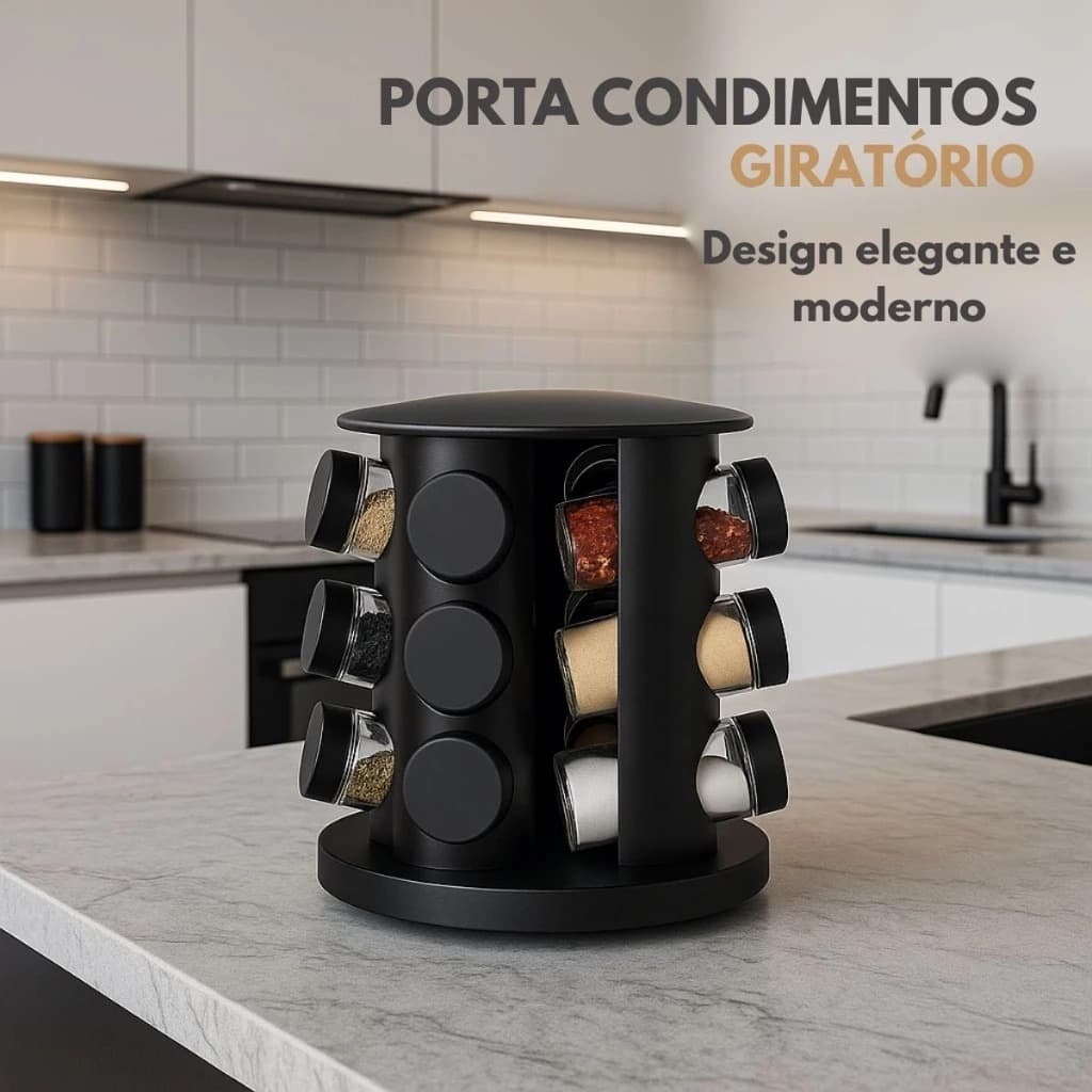 Porta Condimentos Giratório 360º com 9 Potes vidro 90g com Tampa Dosadora Cozinha Organizada