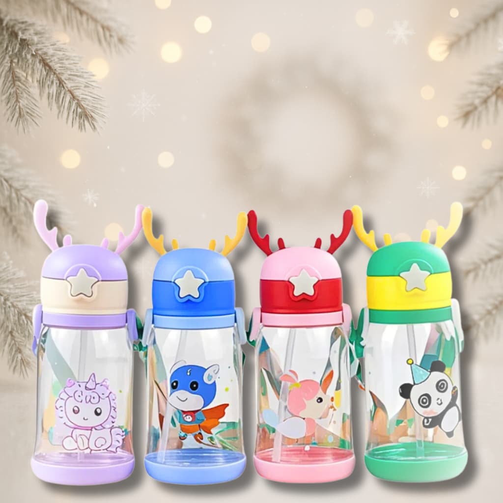 Garrafa Infantil Alce Lembrancinha Natal Crianças 600ml Canudo | Tampa Segura, Bico Macio Divertido