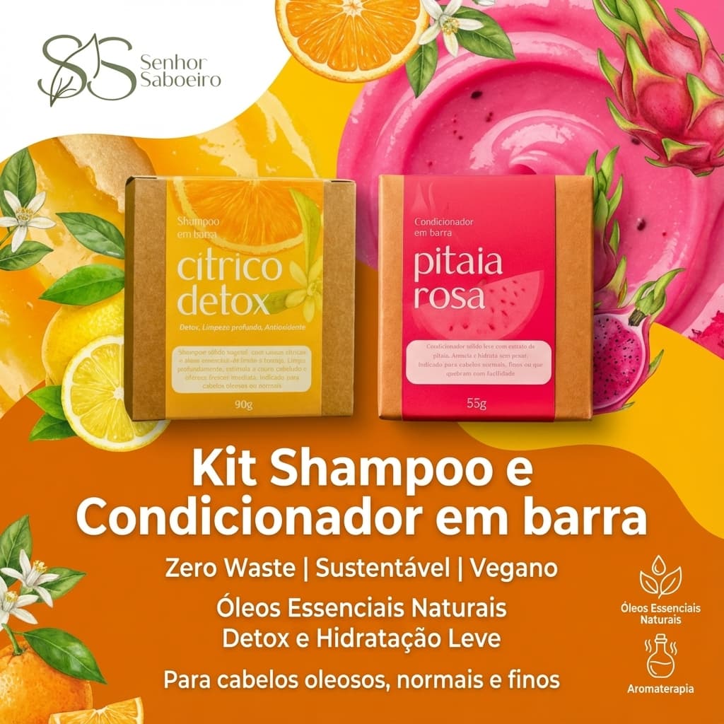 Kit Shampoo e Condicionador Natural Barra Sólido Cabelos Oleosos - Controle Oleosidade Definição Capilar cítrico pitaia