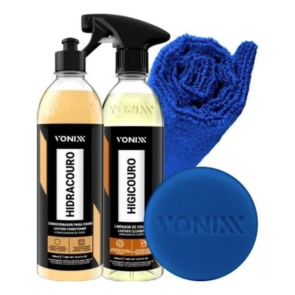 Kit Limpar Hidratar Couro Vonixx Higicouro + Hidracouro + Toalha Microfibra + Aplicador