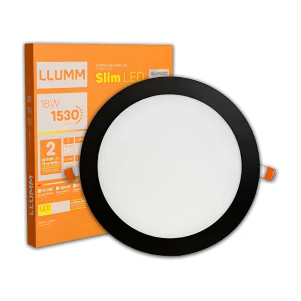Painel de Embutir Slim LED Redondo Preto 18W 4000K IP40 Bivolt 22X22CM Llum Bronzearte