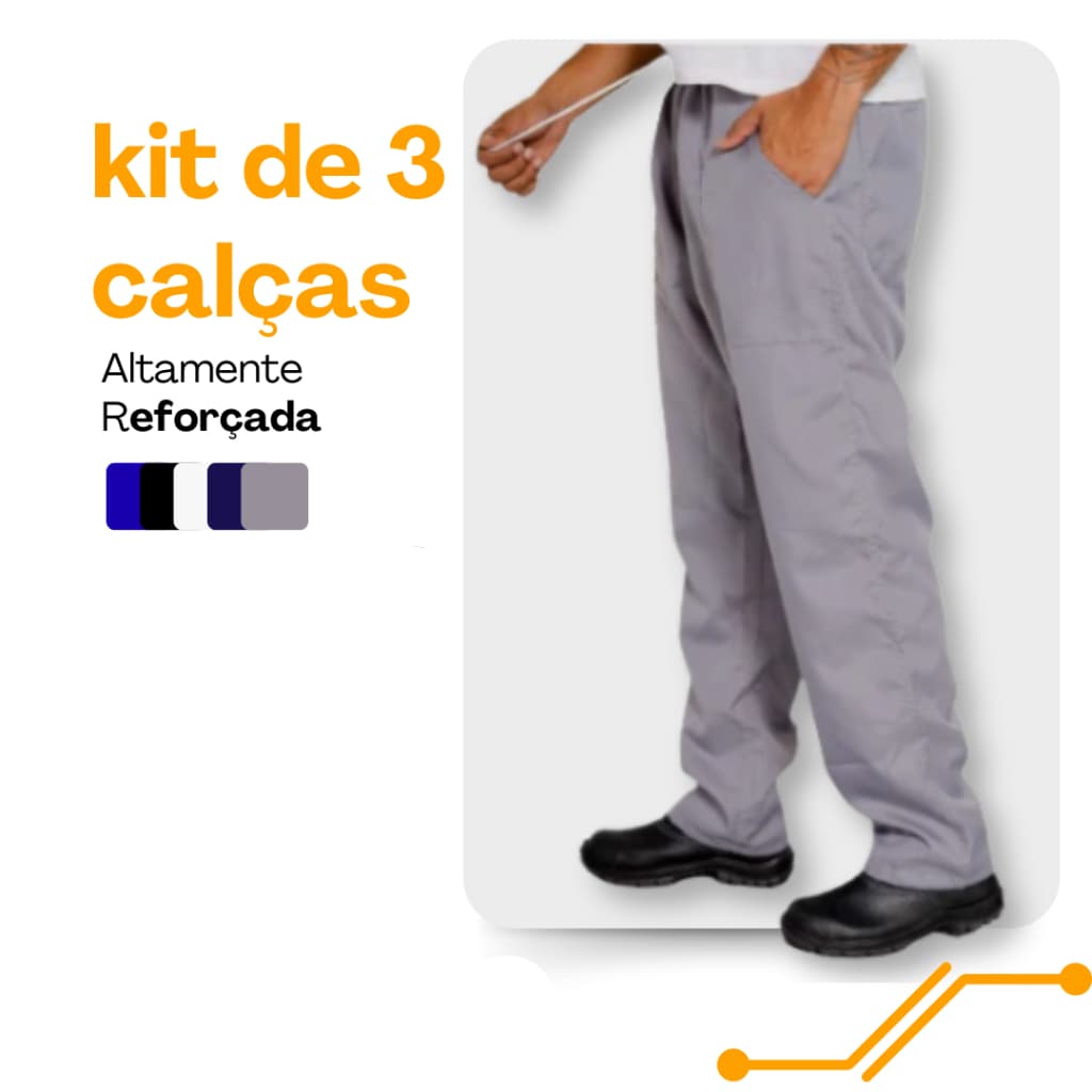 KIT 3 Calças Brim REFORÇADA P/ Trabalho Pesado | Uniforme Profissional C/ ELÁSTICO & Reforço