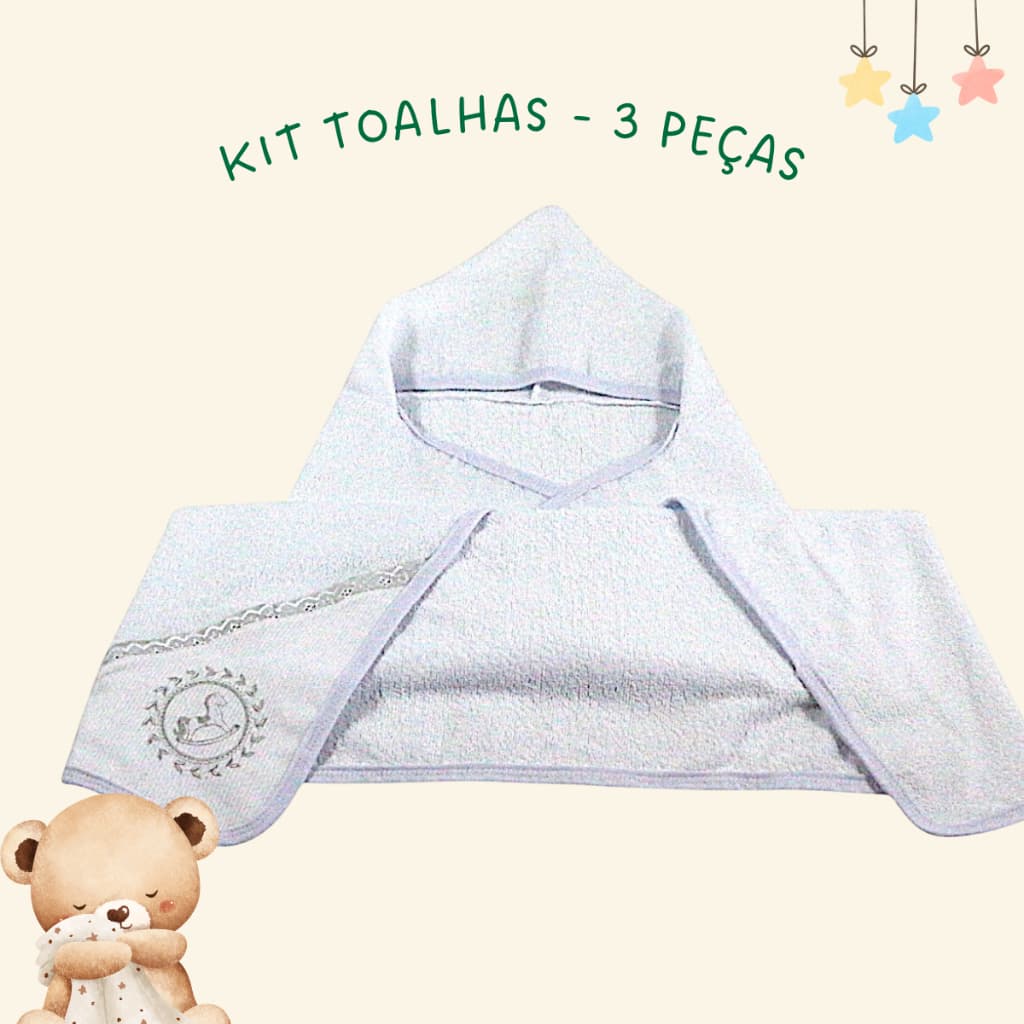 Kit Toalhas de Bebê 3pçs (1 fralda ombro, 1 toalha banho felpuda com capuz, 1 fraldinha de boca)