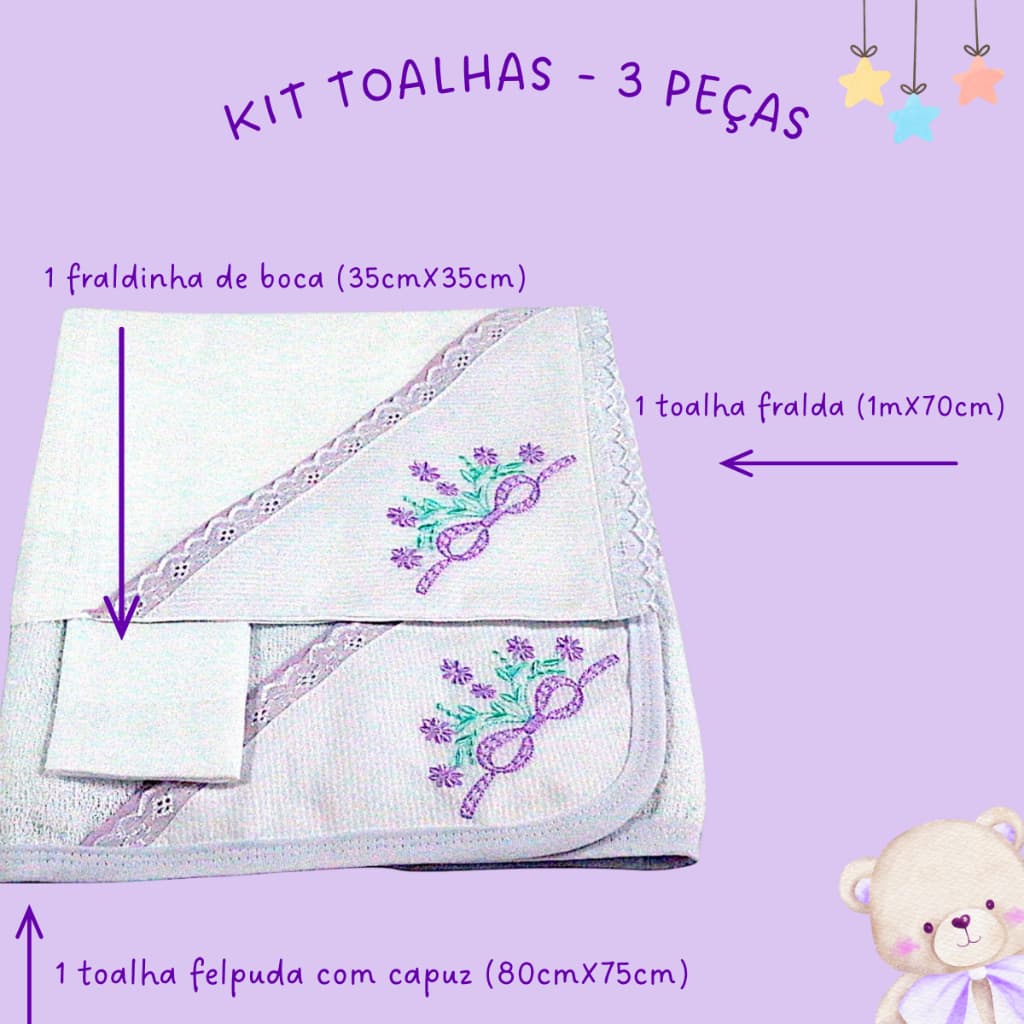 Kit 3Pçs Bordado Lilás Bebê Menina Toalha Felpuda Banho Capuz, Fralda 70x70cm e Fraldinha de Boca