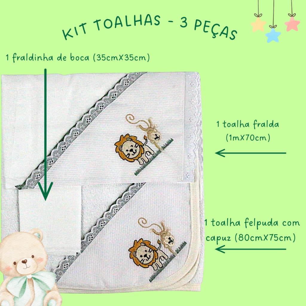 Kit Safari Enxoval para Bebê Toalha de Banho Felpuda C/ Capuz, Fralda Dupla 70cm e Fraldinha Boca