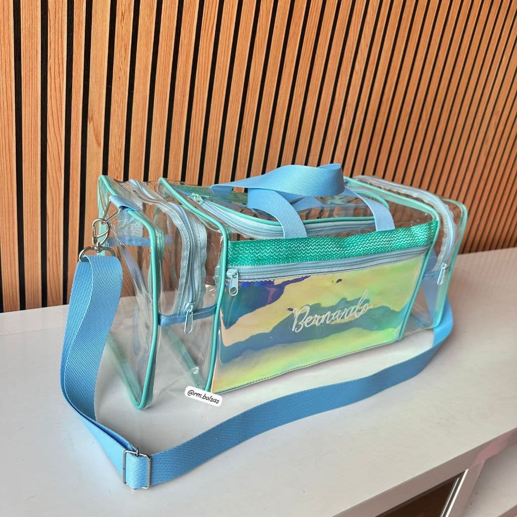Malinha em transparente com nome personalizado até 9 letras - Para Natação, viagens curtas. maternidade  RM bolsas menin