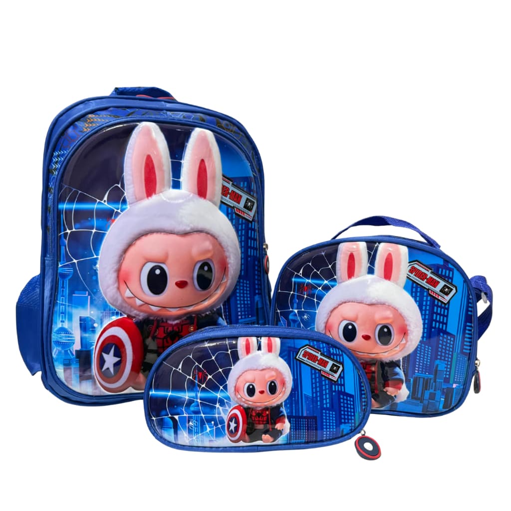 Kit Mochila Labubu  Escolar Menino Estojo e Lancheira Térmica Reforçada Masculina 3D