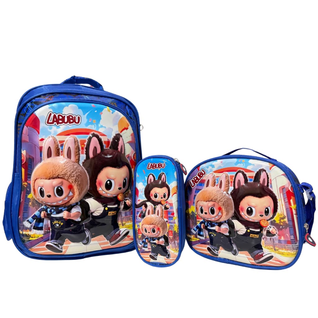 Kit Mochila Escolar Labubu Menino Bolsa Reforçada Estojo e Lancheira Térmica 3D