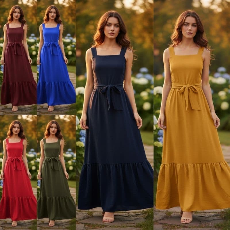 Vestido Feminino Midi Alça Grossa Duas Marias Moda Evangélica Com Faixa Cinto Modelo Princesa