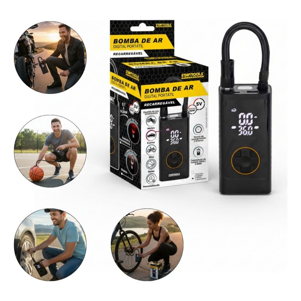 Bomba Portatil Digital Inflador Ar Compressa Pneus Bicicleta Carro Moto Bola Futebol Basquete Vôlei Preto