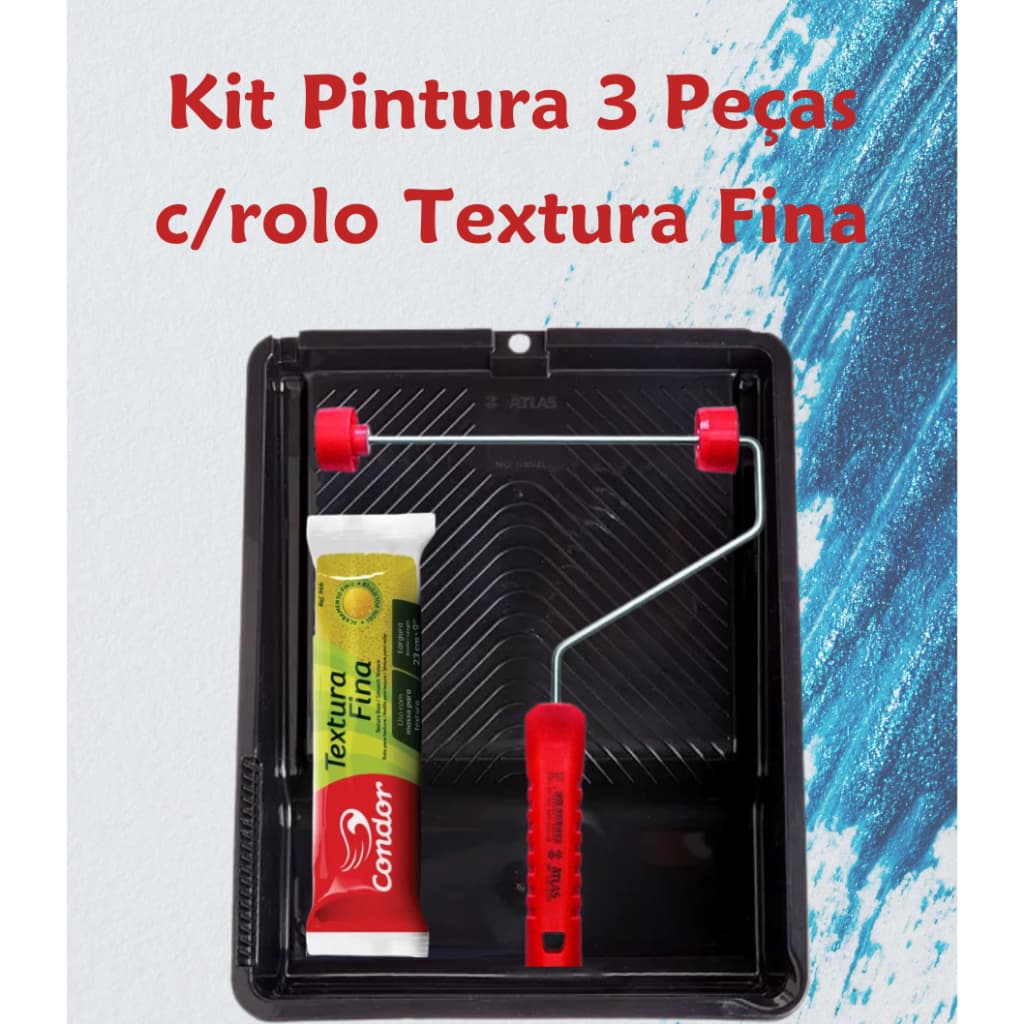 Kit Pintura de Textura Profissional (3 Peças) - Rolo Textura Fina + Cabo Bucha + Bandeja