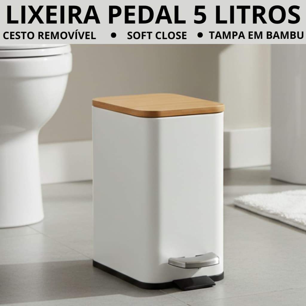 Lixeira Pedal Slim Cozinha Banheiro Branca Tampa Bambu Escritório Fechamento Suave 5 Litros Cesto