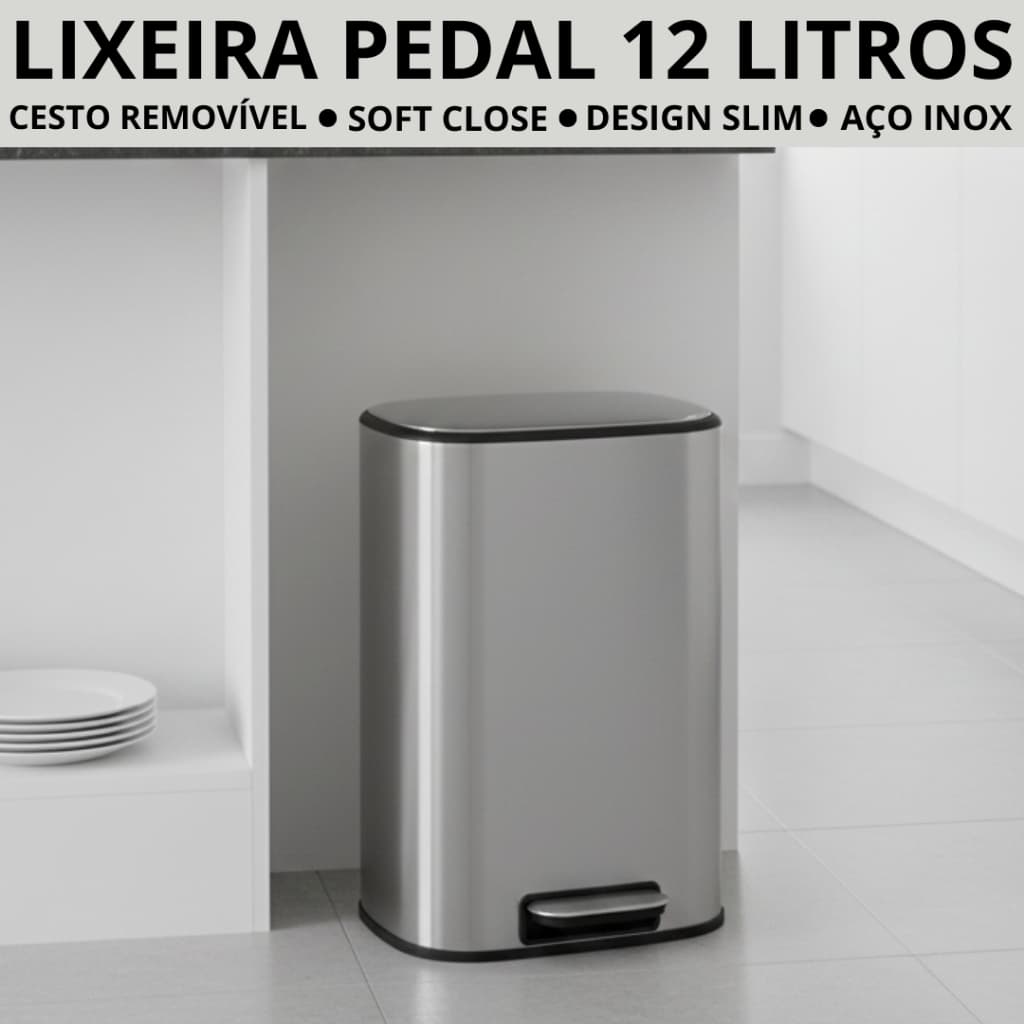Lixeira Pedal Slim Cozinha Banheiro Inox Escritório Fechamento Suave 12 Litros com Cesto